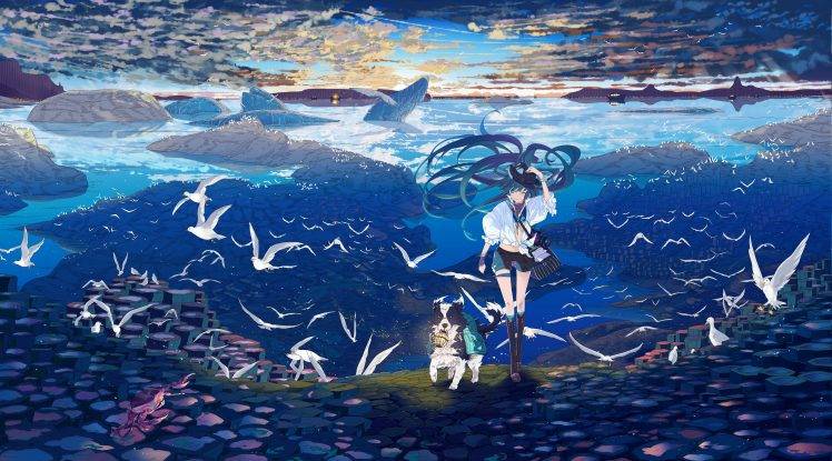 Hatsune Miku, Birds, Dog, Vocaloid, Lantern, Camera, Boat HD Wallpaper Desktop Background