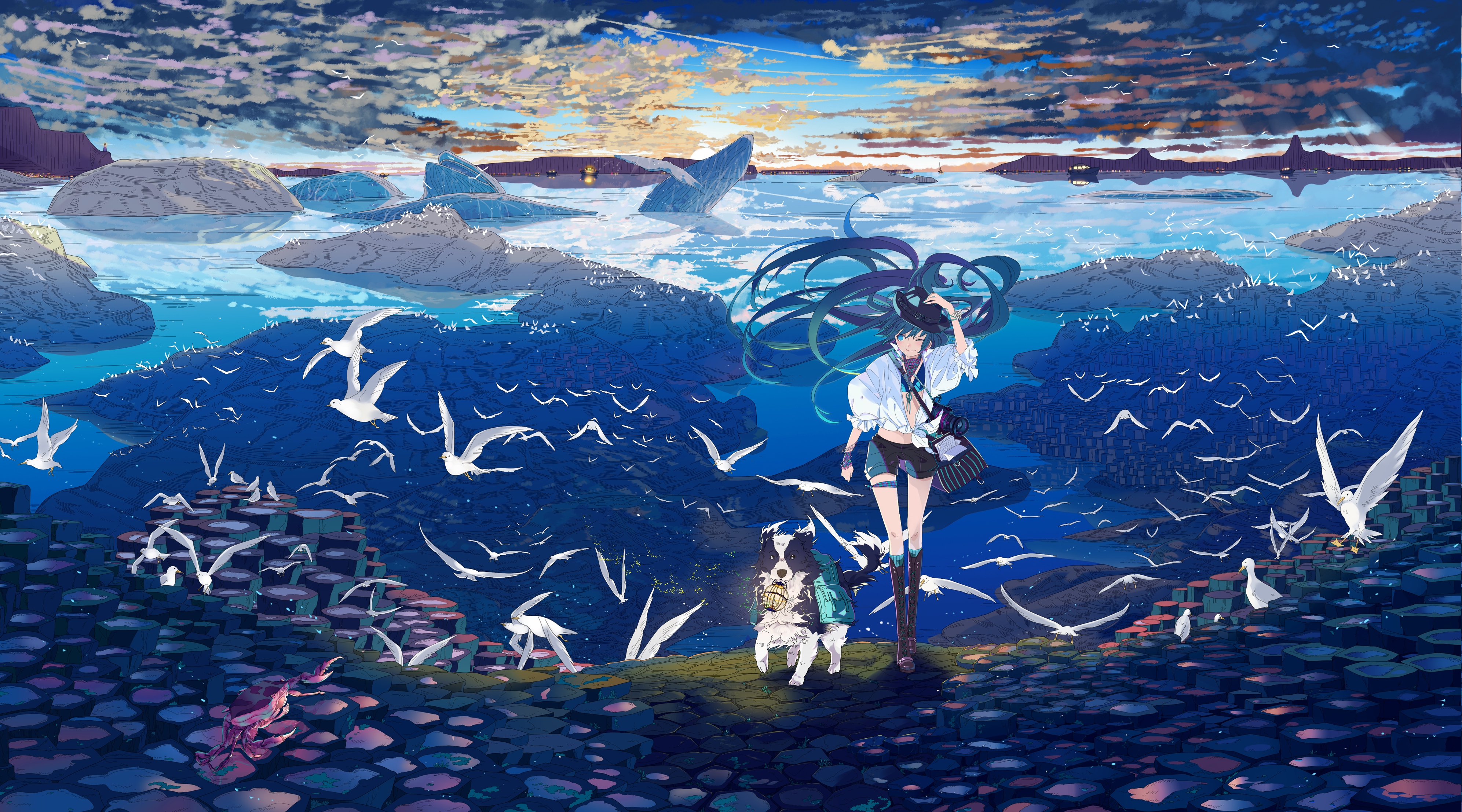 Hatsune Miku, Birds, Dog, Vocaloid, Lantern, Camera, Boat Wallpaper