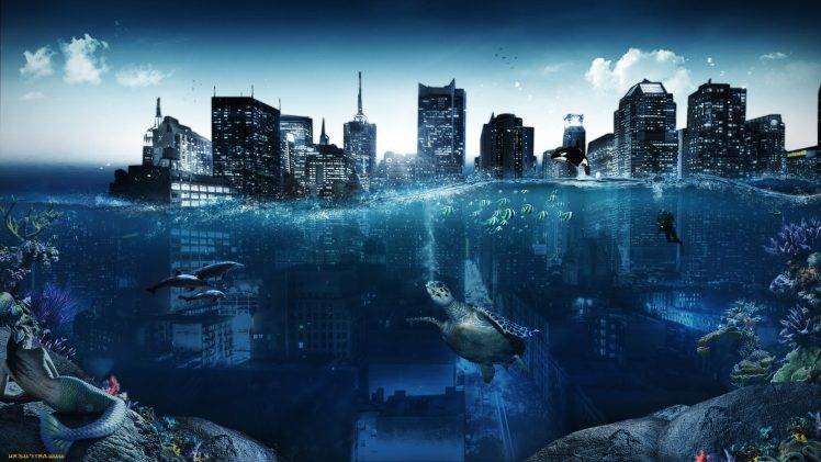 sunken Cities, Water, Turtle, Divers, Split View, Skyscraper, Coral, Dolphin, Fish, Digital Art, Mermaids HD Wallpaper Desktop Background