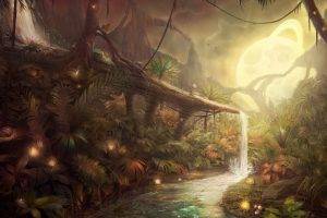 nature, Jungles, Artwork, Fantasy Art, Concept Art, Water, Moon, Lights, Plants