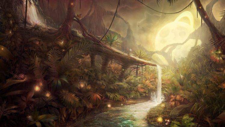 nature, Jungles, Artwork, Fantasy Art, Concept Art, Water, Moon, Lights, Plants HD Wallpaper Desktop Background