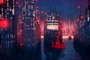 rain, City, Artwork, Fantasy Art, Concept Art, Boat, Red