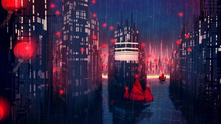 rain, City, Artwork, Fantasy Art, Concept Art, Boat, Red HD Wallpaper Desktop Background