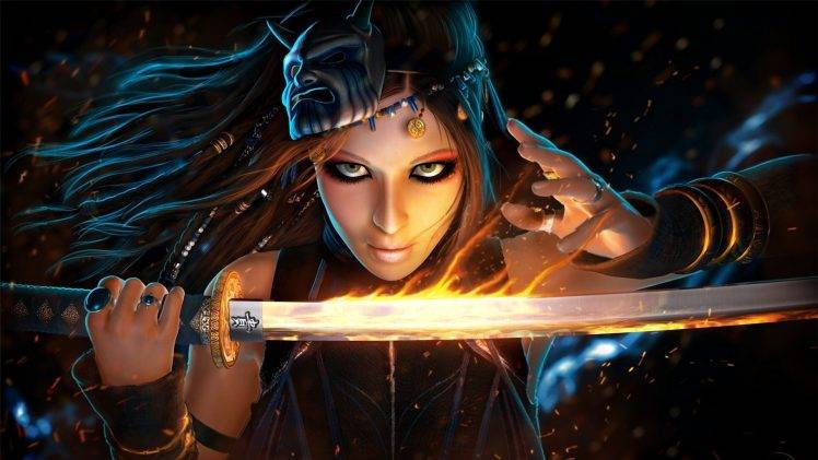 fantasy Art, Concept Art, Women, Warrior, Redhead, Sword, Katana HD Wallpaper Desktop Background