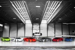 car, Selective Coloring, Lamborghini Aventador, Hangar, Aircraft