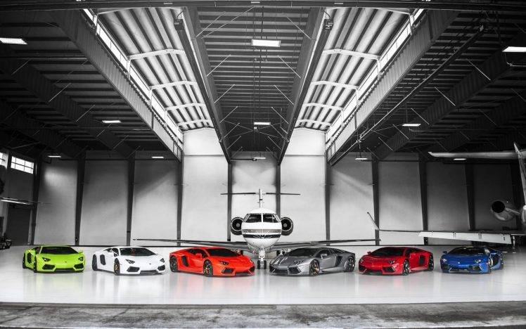 car, Selective Coloring, Lamborghini Aventador, Hangar, Aircraft HD Wallpaper Desktop Background