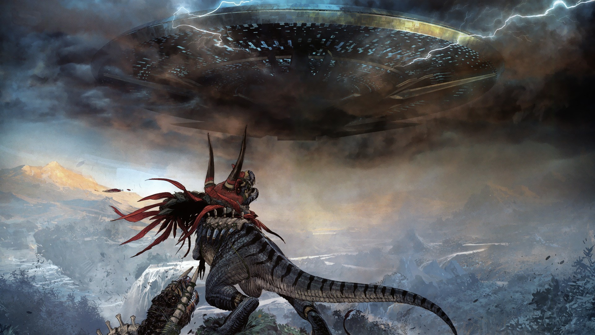 artwork, Digital Art, Fantasy Art, Concept Art, Dinosaurs, Aliens, Space Invaders Wallpaper