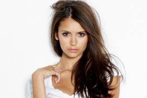 Nina Dobrev, Actress, Face, Looking At Viewer, White Background, Brunette, Long Hair