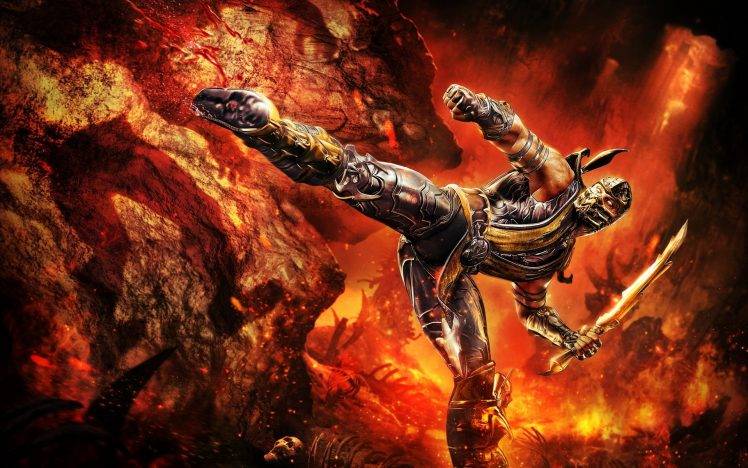 Mortal Kombat, Video Games, Fire, Kick, Scorpion (character) HD Wallpaper Desktop Background