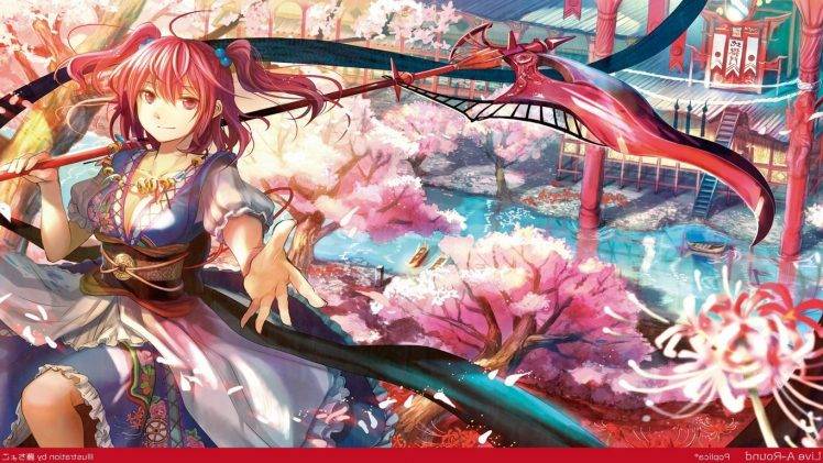 anime, Lake, Boat, Redhead, Cherry Blossom, Touhou, Onozuka Komachi, Scythe HD Wallpaper Desktop Background