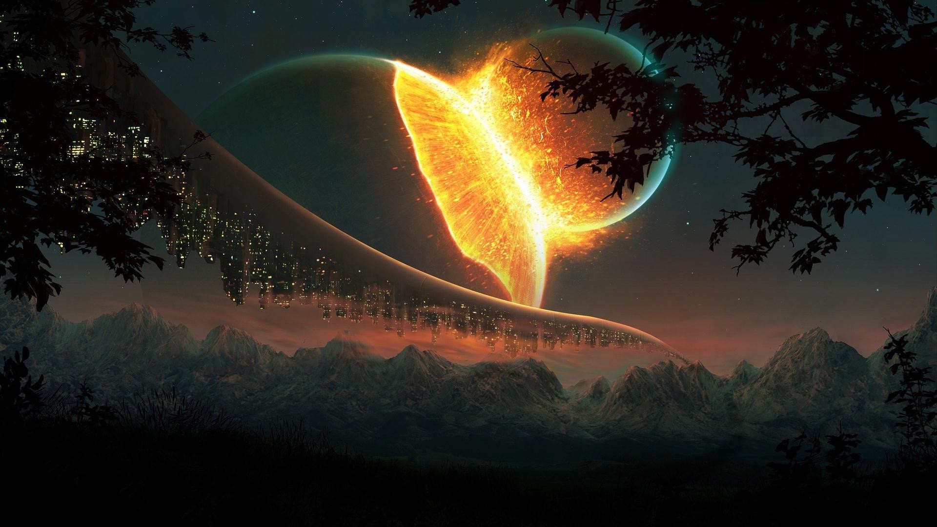 planet, Explosion, Lights, Fantasy Art, Mountain Wallpaper