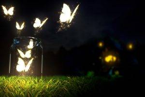 butterfly, Bottles, Lights, Digital Art