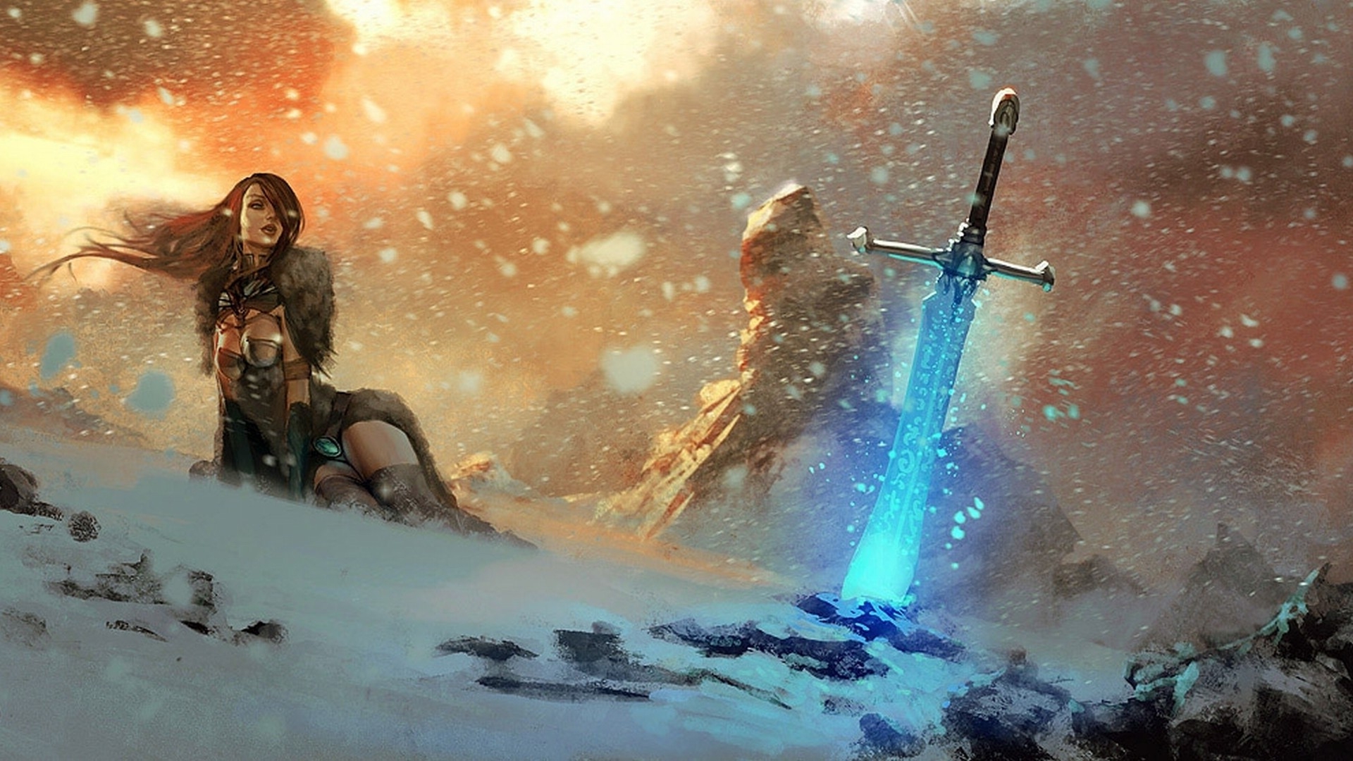 video Games, Mountain, Sword, Snow, Women, Warrior, Fantasy Art