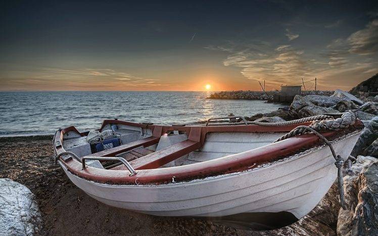 nature, Sea, Sky, Sunset, Boat HD Wallpaper Desktop Background