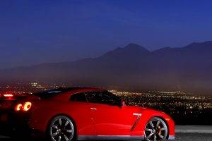 Nissan, Nissan GT R, Night, Car, Red Cars, Lights, Mountain
