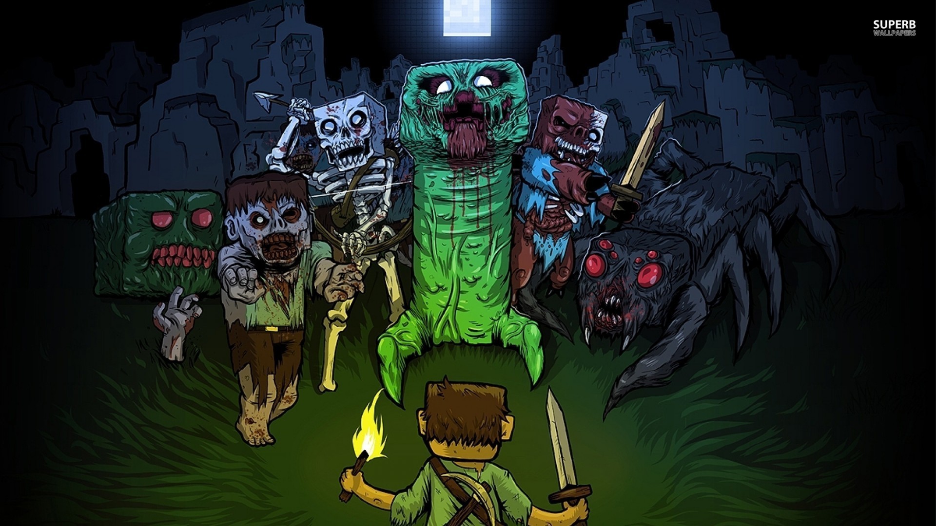 Minecraft, Creeper, Video Games, Zombies, Spider, Steve, Night Wallpaper