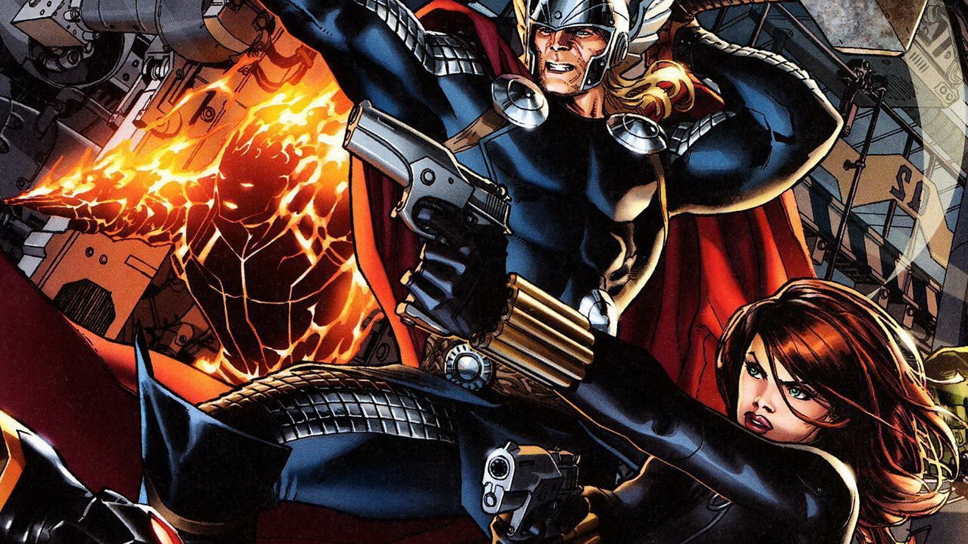 Black Widow, Thor, Comics, Redhead, Blonde, Gun, Superhero Wallpaper