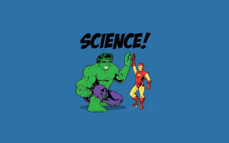 Marvel Comics, Hulk, Iron Man, Science, Humor, Blue Background HD Wallpaper Desktop Background