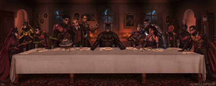 DC Comics, Robin (character), Batman, Catwoman, Nightwing, Red Hood, Cène, The Last Supper HD Wallpaper Desktop Background