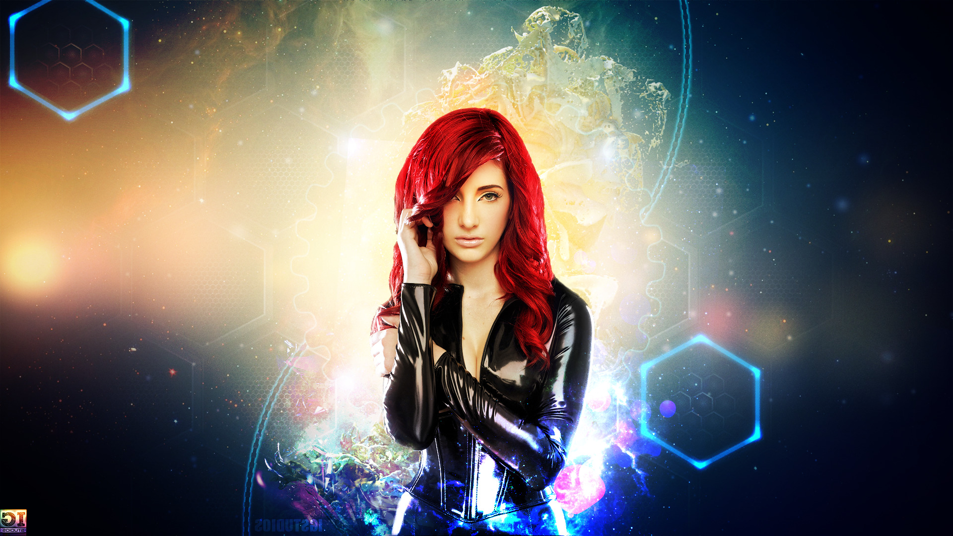leather, Redhead, Women, Curly Hair, Space, Stars, Glowing Wallpaper