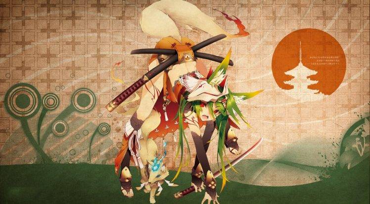 fox Girl, Katana, Inumimi, Animal Ears HD Wallpaper Desktop Background