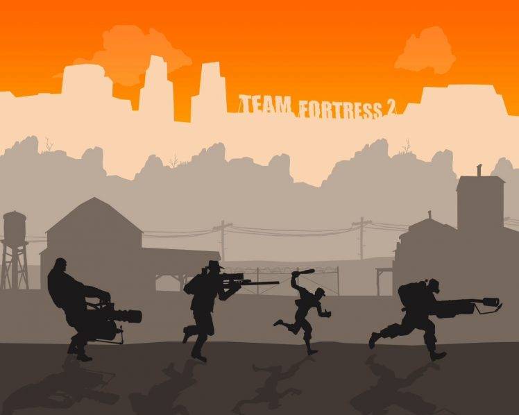 video Games, Team Fortress 2, Valve Corporation, Valve, Heavy (charater), Sniper (TF2), Scout (character), Pyro (character), Minimalism, Simple, Gun, Sniper Rifle, Machine Gun, Flamethrower HD Wallpaper Desktop Background