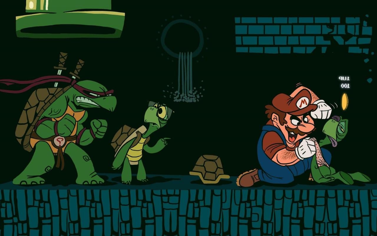 video Games, Super Mario, Turtle, Teenage Mutant Ninja Turtles, Coins, Fighting, Glasses, Sword Wallpaper