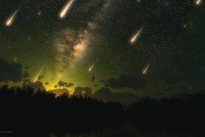 meteors, Shooting Stars, Stars, Sky, Space, Triple Screen