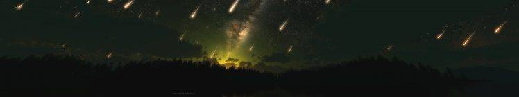 meteors, Shooting Stars, Stars, Sky, Space, Triple Screen HD Wallpaper Desktop Background