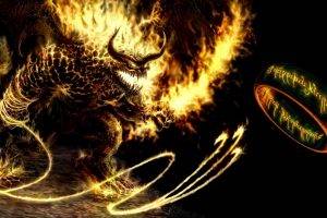 The Lord Of The Rings, Balrogs, Rings, Middle earth, Fantasy Art, Black Background, Fire, Demon