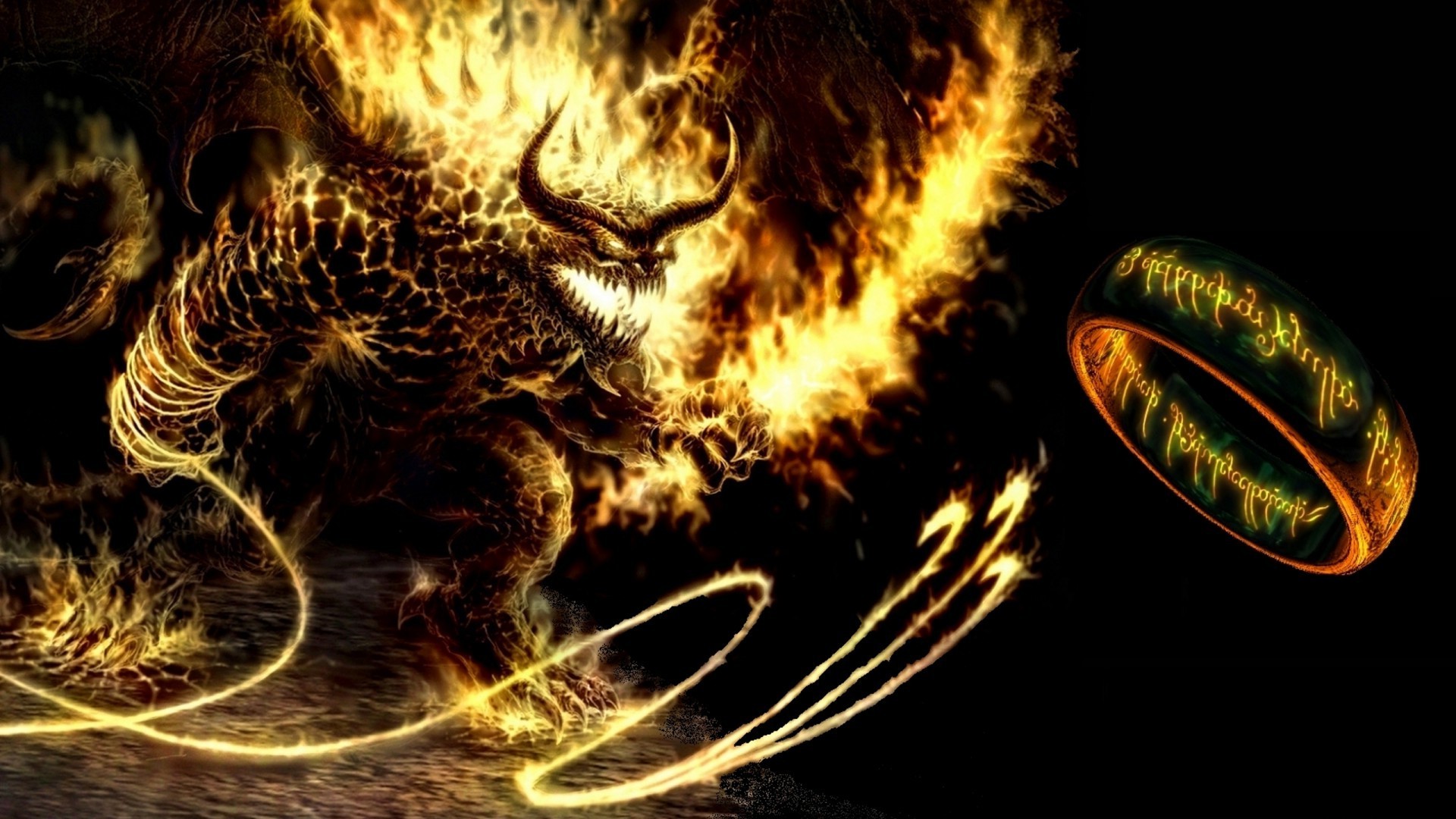 The Lord Of The Rings, Balrogs, Rings, Middle earth, Fantasy Art, Black Background, Fire, Demon Wallpaper