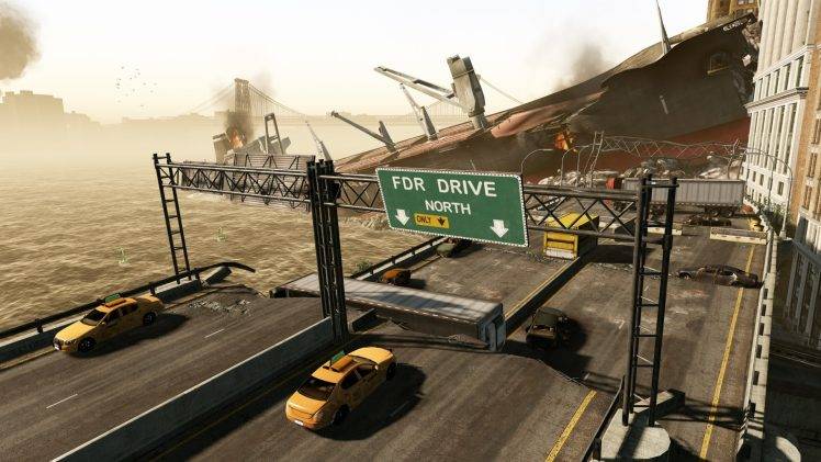 Crysis 2, Crysis, Destruction, Bridge, Ship, Car, Taxi, Broken, Video Games HD Wallpaper Desktop Background