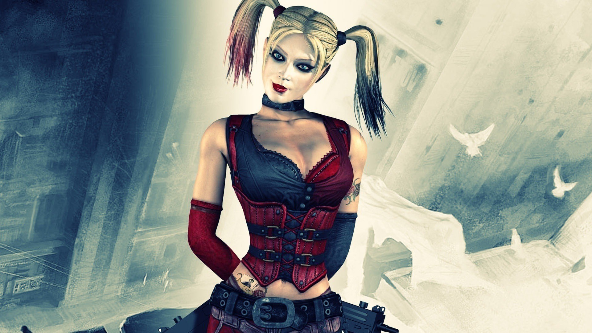 Harley Quinn, Batman, Digital Art, Ponytail, Corsets, Blonde, Blue Eyes