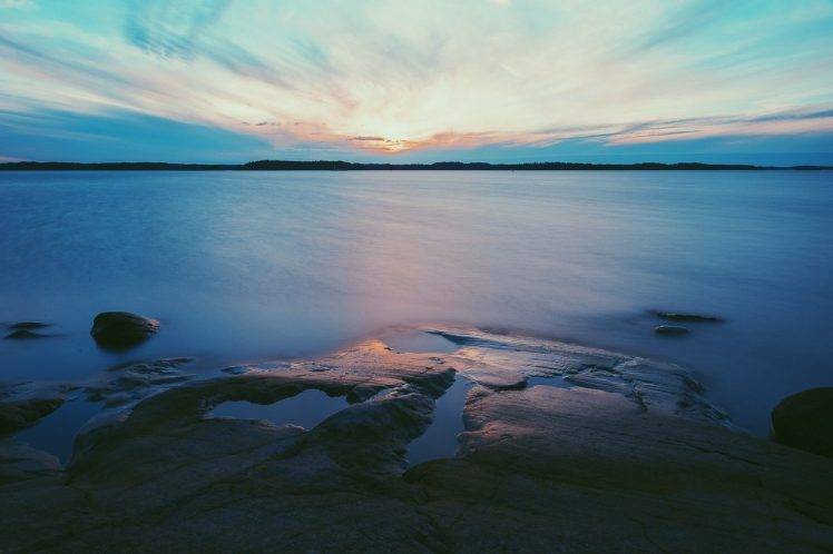 lake, Water, Finland, Rock, Sunset HD Wallpaper Desktop Background
