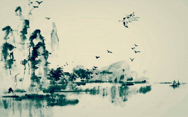 ink, Birds, Lake HD Wallpaper Desktop Background