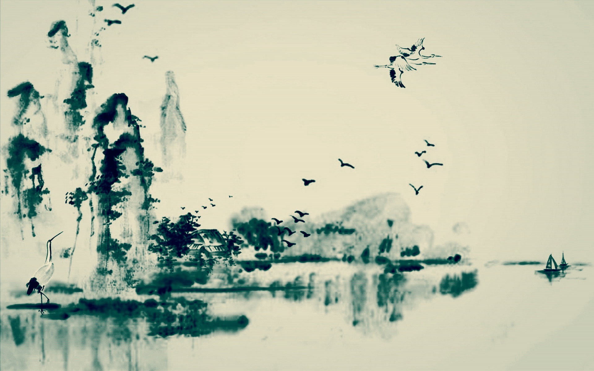 ink, Birds, Lake Wallpaper
