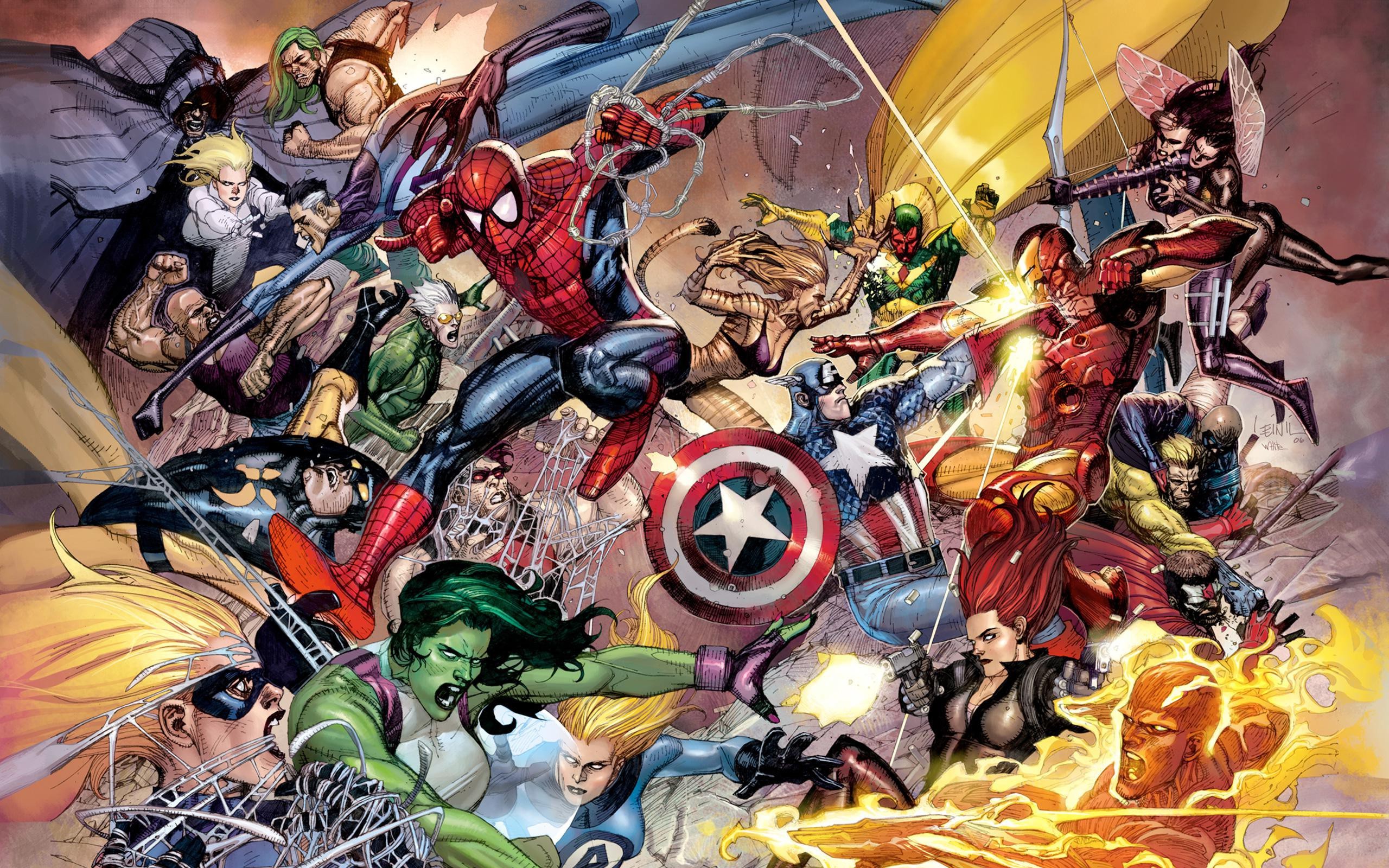 Fantastic Four, Marvel Comics, Iron Man, She Hulk, Human Torch, The Vision, Janet Van Dyne, Spider Man, Captain America, Ms. Marvel, Mr. Fantastic Wallpaper