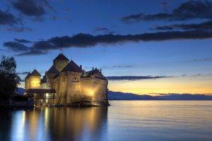 landscape, Castle, Building, Lake, Sunset, Chillon Castle, Montreux