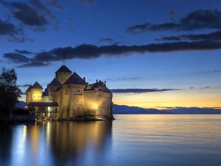 landscape, Castle, Building, Lake, Sunset, Chillon Castle, Montreux HD Wallpaper Desktop Background