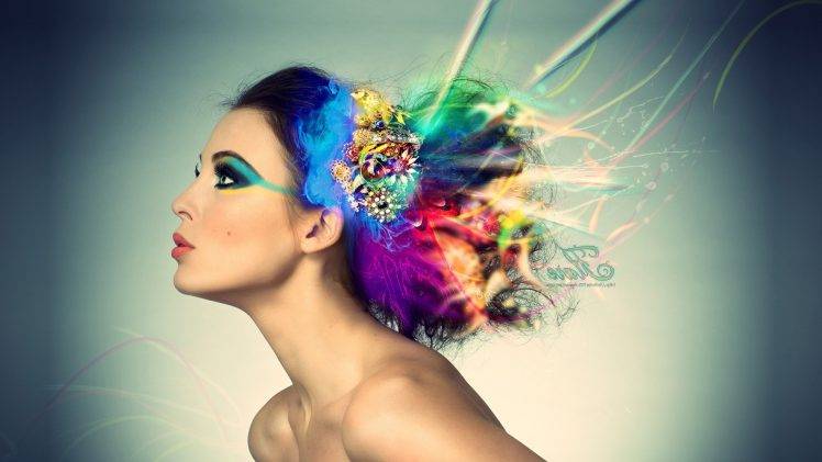model, Brunette, Dyed Hair, Digital Art, Makeup, DeviantArt, Colorful HD Wallpaper Desktop Background
