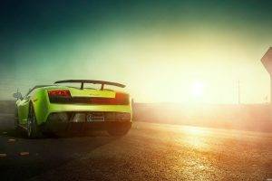car, Lamborghini, Sunset, Green Cars