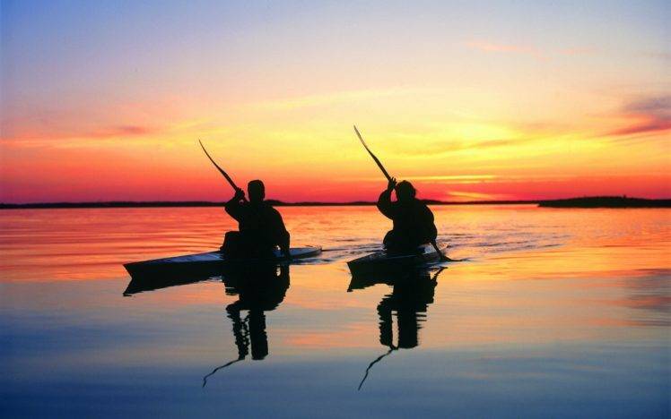landscape, Sunset, Lake, Canoes HD Wallpaper Desktop Background
