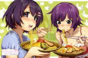 Monogatari Series, Senjougahara Hitagi, Hanekawa Tsubasa, Eating, Noodles, Anime Girls, Anime