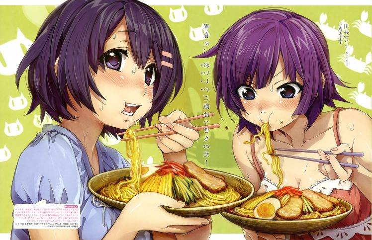 Monogatari Series, Senjougahara Hitagi, Hanekawa Tsubasa, Eating, Noodles, Anime Girls, Anime HD Wallpaper Desktop Background