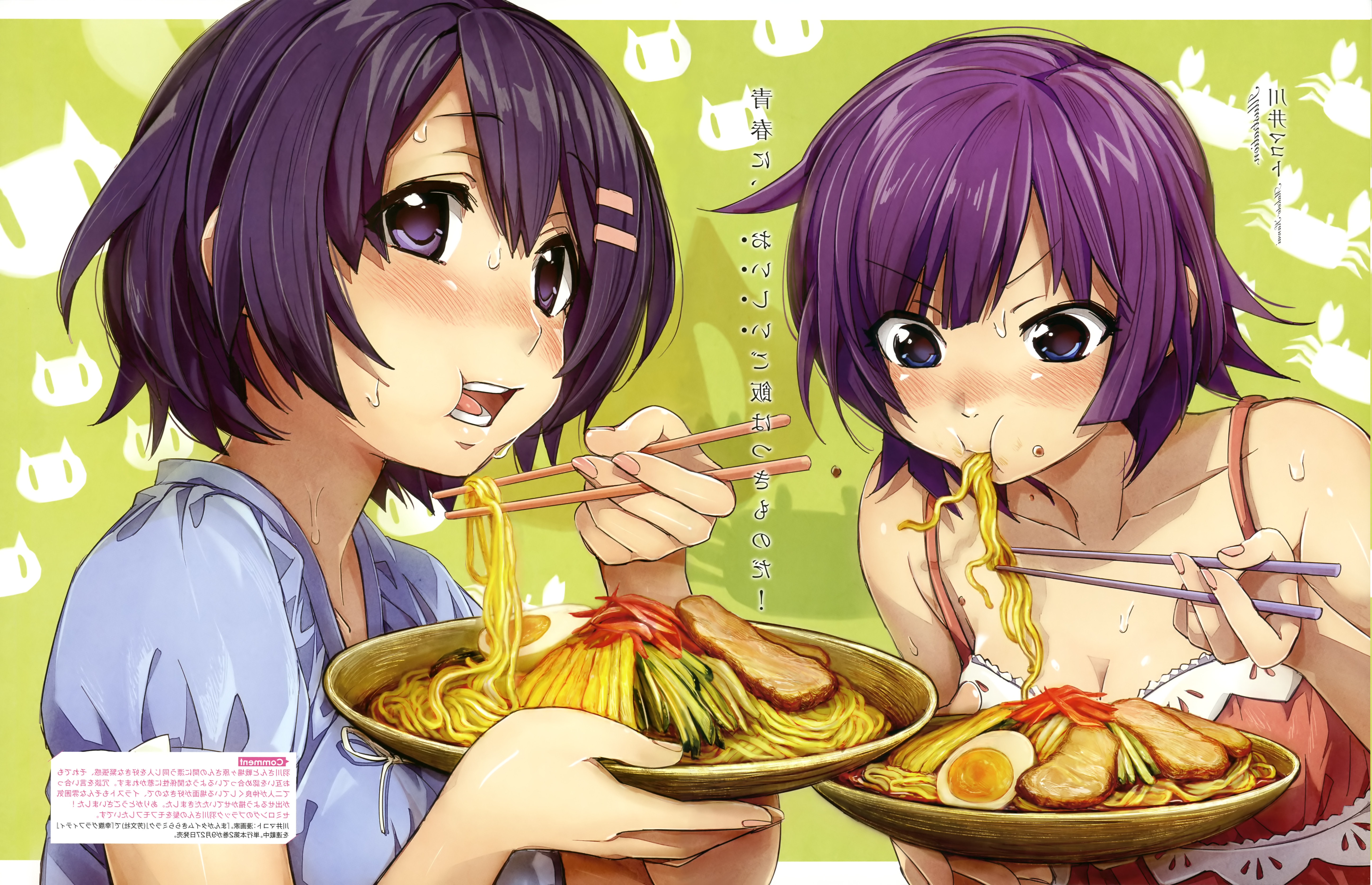 Monogatari Series, Senjougahara Hitagi, Hanekawa Tsubasa, Eating, Noodles, Anime Girls, Anime Wallpaper