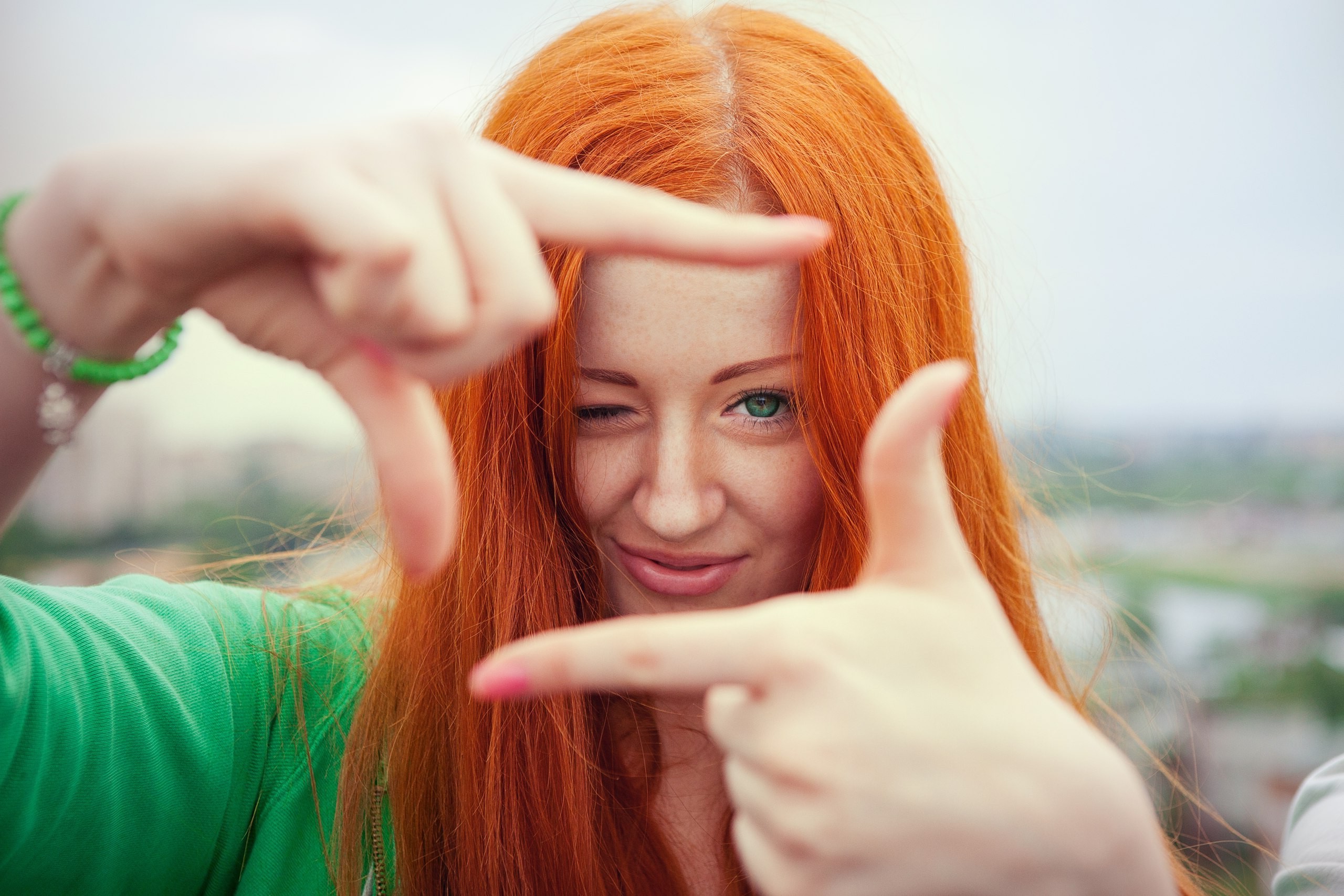 redhead, Hand, Green Eyes, Orange Hair, Fingers, Green Wallpaper