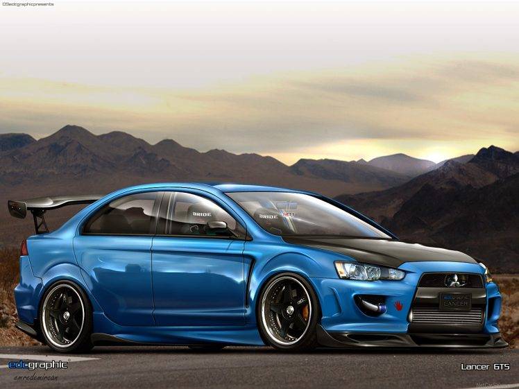 car, Sports Car, Tuning, Digital Art, Mitsubishi, Mitsubishi Lancer Evo X, Blue Cars HD Wallpaper Desktop Background