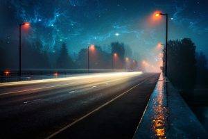 nebula, Space, Lighter, Lights, Road, Evening, Rain