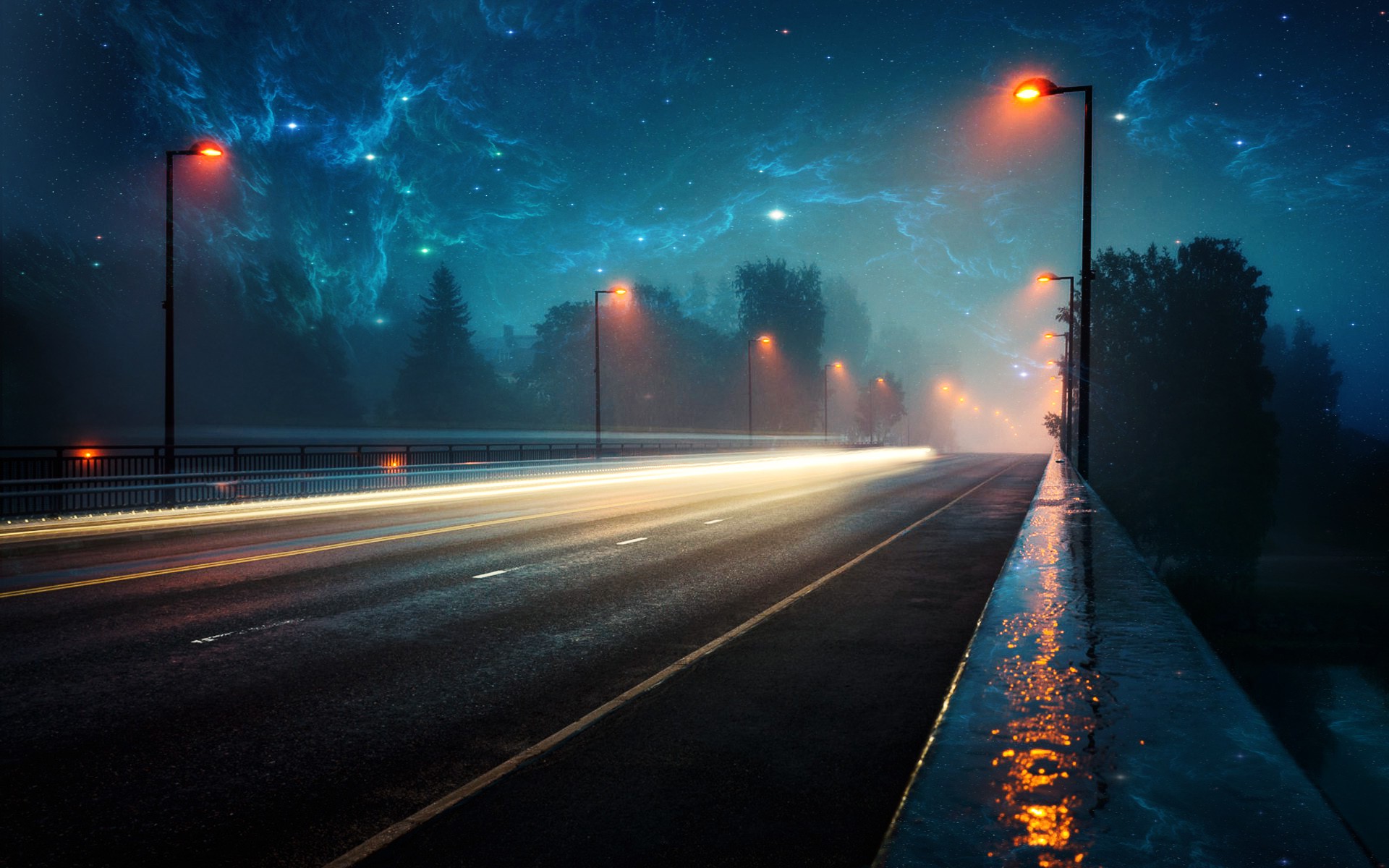 nebula, Space, Lighter, Lights, Road, Evening, Rain Wallpaper