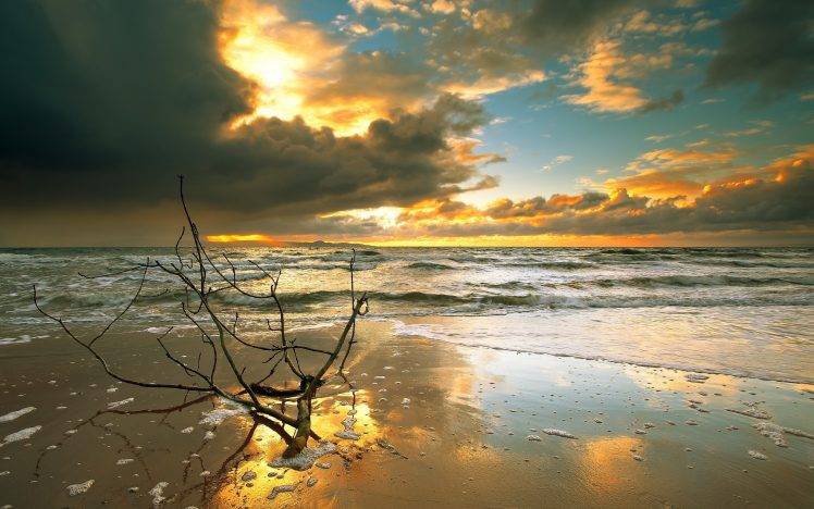 sunset, Sunlight, Landscape, Nature, Sea, Beach, Sand HD Wallpaper Desktop Background